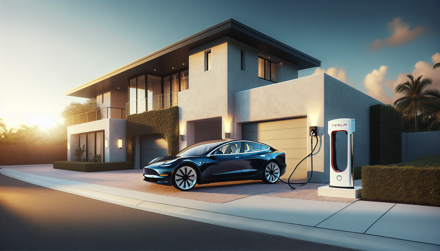 Tesla Model 3 charging in the second private driveway at 8025 Complex