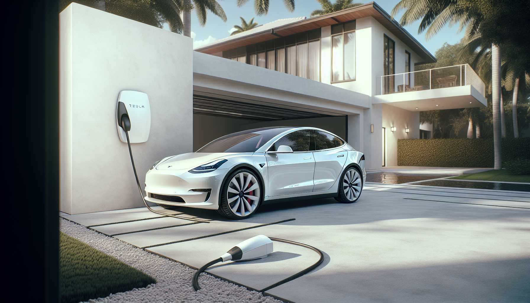 Tesla Model Y charging in driveway A at 8025 Complex